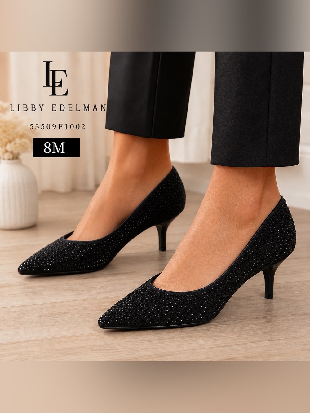 Black Rhinestone Pointed Toe Kitten Heel Pumps Size 8M Evening Party Shoes